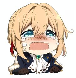 ascot blonde_hair blue_eyes brooch chibi crying hair_intakes highres jewelry sketch violet_evergarden violet_evergarden_(series)