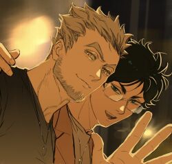 2boys aged_up akaashi_keiji alternate_costume beard black_hair black_shirt bokuto_koutarou chinstrap_beard closed_mouth facial_hair glasses green_eyes haikyuu!! hand_on_another&#039;s_shoulder highres jewelry koukiki9 light_smile looking_at_viewer male_focus multiple_boys necklace open_mouth rectangular_eyewear shirt short_hair teeth tongue v-shaped_eyebrows white_hair yellow_eyes
