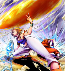 Rule 34 | 1boy, 1girl, android 18, bald, bald male, blonde hair, cloud, cloudy sky, couple, dragon ball, fighting stance, husband and wife, kamehameha (dragon ball), ki blast, kienzan, kuririn, powering up, serious, sky