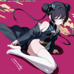 1girl absurdres black_dress black_hair black_nails blue_archive breasts china_dress chinese_clothes coat double_bun dress floating_hair full_body hair_bun highres kisaki_(blue_archive) momobug22 no_shoes open_clothes open_coat sitting small_breasts solo thighhighs twintails white_thighhighs