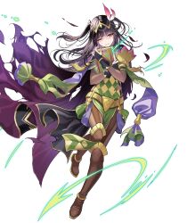 1girl argyle_clothes black_cape black_hair bodystocking book boots breasts bridal_gauntlets cape circlet cleavage clenched_teeth cosplay damaged feather_hair_ornament feathers fire_emblem fire_emblem_awakening fire_emblem_heroes hair_ornament highres hime_cut holding holding_book large_breasts long_hair nintendo noire_(fire_emblem) noire_(fire_emblem)_(cosplay) non-web_source official_art one_eye_closed purple_eyes solo teeth tharja_(fire_emblem) tharja_(gloomy_mage)_(fire_emblem) torn_cape torn_clothes two_side_up