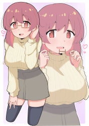 1girl :d absurdres black_thighhighs breasts brown-framed_eyewear brown_eyes brown_hair colored_inner_hair commentary cropped_legs grey_skirt hair_down hand_on_own_thigh heart highres hiro_(05112423) holding holding_removed_eyewear large_breasts long_hair long_sleeves looking_at_viewer multicolored_hair multiple_views murosaki_miyo onii-chan_wa_oshimai! open_mouth purple_background red_hair ribbed_sweater semi-rimless_eyewear simple_background skirt smile sweater thighhighs turtleneck turtleneck_sweater two-tone_hair under-rim_eyewear unworn_eyewear yellow_sweater zettai_ryouiki