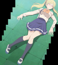 1girl anime_screenshot black_socks blazer blonde_hair blue_skirt blush bow bowtie breasts closed_mouth dot_nose female_focus full_body highres hoshizaki_rika_(kanojo_mo_kanojo) jacket kanojo_mo_kanojo large_breasts legs long_hair long_sleeves lying miniskirt on_back orange_bow orange_bowtie pleated_skirt school_uniform shirt shirt_tucked_in shoes skirt socks solo solo_focus stitched thighs third-party_edit twintails white_shirt white_shoes