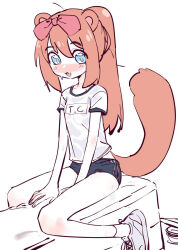 1girl blue_eyes blush bow chromu gym_shorts hair_bow indie_virtual_youtuber long_hair pink_hair shoes shorts simple_background sitting socks solo sweatdrop tail tail_raised virtual_youtuber white_background