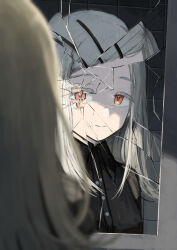 1girl absurdres black_shirt broken_mirror commentary_request gakuen_idolmaster grey_hair highres idolmaster k6tetsu long_hair mirror orange_eyes reflection shinosawa_hiro shirt smile solo upper_body
