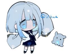 1girl black_shoes blue_bow blue_bowtie blue_eyes blue_hair blue_skirt bow bowtie chibi chibi_only chinese_commentary commentary_request grey_pupils horizontal_pupils long_sleeves octopus original sailor_collar sailor_shirt school_uniform serafuku shirt shoes short_hair_with_long_locks simple_background skirt sleeves_past_fingers sleeves_past_wrists socks solo tareme vihua6 white_background white_shirt white_socks