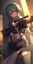 1girl absurdres aqua_eyes aqua_hair belt black_belt black_gloves black_shorts blurry closed_mouth clothing_cutout cloud cloudy_sky commentary_request cropped_jacket depth_of_field emduck evening fingerless_gloves gloves green_jacket gun hair_between_eyes highres hip_vent holding holding_gun holding_weapon jacket long_sleeves looking_at_viewer open_clothes open_jacket orange_sky rifle scarf scope short_hair short_shorts shorts sidelocks sinon sky sniper_rifle solo standing sweat sword_art_online thighs weapon white_scarf