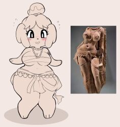 Rule 34 | 1girl, ancient indian clothes, armlet, blush, fine art parody, indian clothes, isabelle (animal crossing), jewelry, knees together feet apart, meme, navel, necklace, oni punch, parody, pearl necklace, photo inset, reference inset, sculpture, simple background, wide hips, yakshi statue (meme)