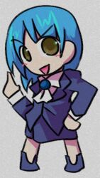 Rule 34 | 1girl, artist request, blue footwear, blue hair, blue shirt, blue skirt, brown eyes, business suit, formal clothes, hand on own hip, milia (seihou), non-web source, pointing, seihou, shirt, short hair, skirt, source request, suit