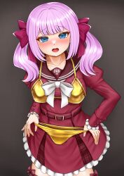 Rule 34 | 1girl, assault lily, belt, belt buckle, bikini, bikini over clothes, blue eyes, blunt bangs, blush, bow, breasts, brown belt, brown sailor collar, buckle, clothes in front, collarbone, commentary request, cowboy shot, frilled skirt, frilled sleeves, frills, gold bikini, gradient background, grey background, hair bow, halterneck, high-waist skirt, highres, holding, holding swimsuit, holding unworn clothes, imai tomohiro, juliet sleeves, kanba girls high school uniform, long hair, long sleeves, looking at viewer, medium breasts, miniskirt, nose blush, open mouth, pink hair, puffy sleeves, raised eyebrows, red bow, red shirt, red skirt, sadamori himeka, sailor collar, school uniform, serafuku, shirt, shirt tucked in, skirt, solo, standing, sweat, swimsuit, thigh bow, twintails, unworn bikini bottom, unworn swimsuit