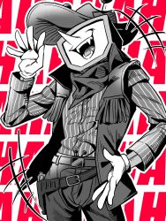 1boy ant_tenna belt belt_buckle buckle chaps cowboy_hat cowboy_shot crt deltarune fangs gloves greyscale_with_colored_background hat highres humanoid_robot iagura_gura male_focus mechanical_arms object_head open_mouth pinstripe_pattern pinstripe_shirt pointy_nose robot scarf shirt shirt_tucked_in smile vest