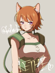 1girl animal_ears cat_ears cat_girl character_name commentary_request fire_emblem fire_emblem:_path_of_radiance fire_emblem:_radiant_dawn lavillardia lethe_(fire_emblem) lips nintendo orange_hair purple_eyes short_hair simple_background slit_pupils solo twitter_username