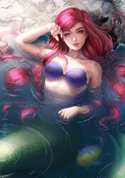 1girl ariel_(disney) artist_name blue_eyes commentary english_commentary fish flounder_(the_little_mermaid) green_tail long_hair looking_at_viewer mermaid monster_girl partially_submerged red_hair the_little_mermaid_(disney) watermark web_address zarory