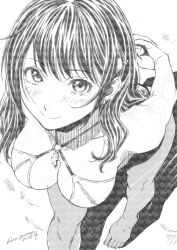 Rule 34 | 1girl, artist name, bent over, bikini, blush, breasts, cleavage, collarbone, dated, dead or alive, dead or alive xtreme, dead or alive xtreme venus vacation, earrings, greyscale, hair ornament, hairclip, hiragoma, jewelry, long hair, looking at viewer, looking up, monochrome, nanami (doa), o-ring, simple background, sketch, smile, solo, swimsuit, white background, zipper