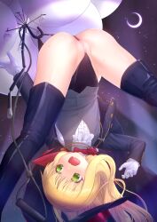 1girl accidental_exposure ass balloon black_boots black_cloak black_hat black_leotard black_thighhighs blonde_hair blush boots bow bowtie censored cloak commission crescent_moon embarrassed female_focus gloves green_eyes grey_jacket grey_vest hanging_wedgie hat highres hook jacket legs leotard leotard_pull leotard_under_clothes loli long_hair moon mosaic_censoring nakaishow night night_sky open_mouth original outdoors phantom_thief_(kkmomo67) pussy shirt skeb_commission sky snagged solo spread_legs star_(sky) thigh_boots thighhighs thighs top_hat unworn_headwear upside-down vest wedgie white_gloves white_shirt