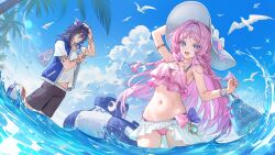 1boy 1girl absurdres alternate_costume animal_ears bare_shoulders bikini blue_bag blue_eyes blue_jacket blue_sky body_markings breasts brown_shorts citlali_(genshin_impact) commentary contemporary day facial_mark forehead_mark frilled_bikini frills genshin_impact gradient_hair hat highres jacket large_breasts long_hair looking_at_viewer multicolored_hair nail_polish navel open_mouth ororon_(genshin_impact) outdoors palm_tree pink_bikini pink_hair purple_hair rity shirt shorts skirt sky smile swimsuit tree triangle triangle_facial_mark very_long_hair wading white_hat white_shirt white_skirt