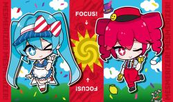 18ch 2girls :&gt; apron arm_at_side black_necktie black_shoes blue_dress blue_eyes blue_hair blue_hat blue_sky blush bow buttons chemical_structure chibi chibi_only cloud collared_dress collared_shirt confetti copyright_name double-breasted dress drill_hair english_text eraser flat_chest food fruit grey_socks hair_between_eyes hand_up hat hat_bow hatsune_miku highres index_finger_raised kasane_teto kepi leg_up lemon long_hair looking_at_viewer mesmerizer_(vocaloid) military_hat multiple_girls necktie one_eye_closed pants pillarboxed pinstripe_dress pinstripe_hat pinstripe_pattern red_background red_bow red_eyes red_hat red_pants sailor_collar shirt shoes short_sleeves skates sky sleeves_rolled_up smile smiley_hat_ornament socks spiral standing standing_on_one_leg star-shaped_pupils star_(symbol) striped_clothes striped_shirt striped_socks suspenders symbol-shaped_pupils twin_drills twintails two-tone_bow utau very_long_hair vocaloid waist_apron white_apron white_bow white_sailor_collar white_socks white_wrist_cuffs wing_collar wrist_cuffs zoom_layer