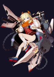 1girl akazawa_red ass black_background blonde_hair blue_eyes blush braid cannon cardigan chain commentary_request copyright_request full_body headgear highres jacket looking_at_viewer machinery mecha_musume miniskirt official_art open_clothes open_jacket orange_scarf plaid_clothes plaid_skirt platform_footwear scarf school_uniform side_braid simple_background skirt smokestack socks solo turret white_socks