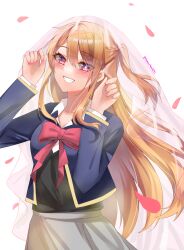 1girl black_sweater_vest blonde_hair blue_jacket blush bow bowtie bridal_veil clenched_teeth collarbone collared_shirt commentary_request cow cropped_jacket falling_petals grey_skirt hair_between_eyes highres hoshino_ruby jacket lemon_t long_hair looking_at_viewer mismatched_pupils multicolored_eyes nail_polish no_pupils one_side_up oshi_no_ko petals pink_bow pink_bowtie pink_eyes pink_nails purple_eyes school_uniform shirt sidelocks simple_background skirt smile solo star-shaped_pupils star_(symbol) sweater_vest symbol-shaped_pupils teeth twitter_username veil very_long_hair white_background white_shirt youtou_high_school_uniform