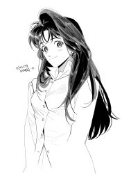 1girl absurdres blush buttons character_request check_character closed_mouth collared_shirt greyscale heart highres korean_text long_hair looking_at_viewer meitantei_conan monochrome mouri_ran pd_honey shirt simple_background smile solo translation_request
