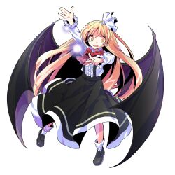 1girl bat_wings black_shoes black_skirt blonde_hair bow bow_hairband bowtie center_frills dairi dress_shirt floating_clothes floating_hair frilled_shirt frilled_sleeves frills full_body hairband highres kurumi_(touhou) long_hair long_skirt long_sleeves looking_at_viewer loose_socks magic open_mouth orange_eyes red_bow red_bowtie shirt shoes simple_background skirt socks solo standing straight_hair suspender_skirt suspenders tachi-e tearing_up touhou touhou_(pc-98) transparent_background very_long_hair wavy_eyebrows wavy_mouth white_bow white_hairband white_shirt white_socks wings wispy_bangs