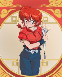 1girl artist_logo bandaged_arm bandages black_pants braid chinese_knot_border commentary english_commentary fritz_willie frown highres logo looking_at_viewer pants ranma-chan ranma_1/2 red_hair red_shirt shirt solo