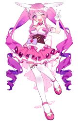 1girl aisha_landar bare_shoulders bow bow_choker bright_pupils choker corset dress drill_hair elsword full_body gloves hair_ribbon highres layered_dress long_hair magical_girl metamorphy_(elsword) one_eye_closed open_mouth patzzi pink_choker pink_dress pink_shoes purple_eyes purple_hair ribbon shoes simple_background smile solo teeth thighhighs twintails upper_teeth_only v very_long_hair white_background white_dress white_gloves white_pupils white_ribbon white_thighhighs