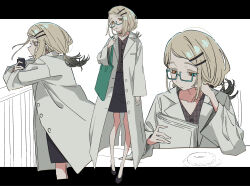1girl =_hair_ornament absurdres aqua-framed_eyewear bag black_border black_hair black_shirt black_shoes black_skirt blonde_hair border coat colored_eyelashes colored_tips full_burrrrrrst gakuen_idolmaster glasses hair_bun hair_ornament hairclip highres idolmaster long_coat long_hair multicolored_hair multiple_views orange_hair semi-rimless_eyewear shinosawa_hiro shirt shoes shoulder_bag simple_background single_hair_bun skirt two-tone_hair white_background white_coat
