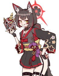 Rule 34 | 1girl, animal ears, blue archive, blue archive the animation, fingerless gloves, fox ears, fox girl, fox tail, gloves, halo, highres, holding, holding mask, image sample, japanese clothes, korean clothes, long sleeves, looking at viewer, mask, md5 mismatch, pixiv sample, reccand, simple background, solo, tail, wakamo (blue archive), yellow eyes