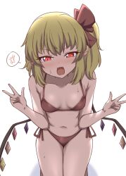 1girl anger_vein bikini blonde_hair breasts cachemerro commentary double_w fangs flandre_scarlet hair_ribbon looking_at_viewer medium_hair navel one_side_up open_mouth pointy_ears red_bikini red_eyes red_ribbon ribbon side-tie_bikini_bottom simple_background slit_pupils small_breasts solo spoken_anger_vein sweat swimsuit touhou w white_background