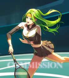 1girl bikini_boody commission fire_emblem fire_emblem:_the_sacred_stones green_eyes green_hair headband highres nintendo open_mouth orange_headband pleated_skirt racket skirt sportswear syrene_(fire_emblem) tennis_court tennis_racket tennis_uniform
