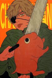 1boy blonde_hair blood chainsaw chainsaw_man coat denji_(chainsaw_man) eyepatch fang highres llq9ull looking_at_viewer male_focus orange_background pet pochita_(chainsaw_man) pull_cord sharp_teeth short_hair simple_background teeth tongue tongue_out trench_coat weapon