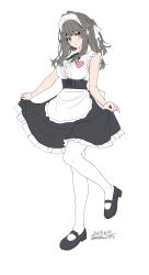 1girl absurdres apron black_dress breasts brown_eyes brown_hair clothes_lift dress grey_hair highres long_hair looking_at_viewer maid maid_apron maid_headdress medium_breasts original pantyhose shoes simple_background skirt skirt_lift sleeveless solo unasaka_ryou white_apron white_pantyhose