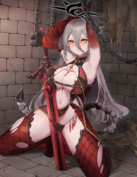 1girl absurdres armpits arms_up bdsm black_halo black_panties blush bondage bound bound_wrists breasts brick_wall center_opening chain chest_belt clothing_aside cuffs demon_girl demon_horns demon_tail detached_sleeves dress dress_aside flask gold_necklace grey_hair hair_between_eyes halo hare_nitsuki highres horns indoors itsuki_(meridian_project) jewelry kneeling large_breasts long_hair looking_at_viewer meridian_project navel necklace nose_blush panties panty_pull pelvic_curtain pointy_ears red_dress red_sleeves red_thighhighs revealing_clothes scowl shackles solo spread_legs string_panties sweat sword tail thighhighs torn_clothes torn_thighhighs turtleneck turtleneck_dress underwear very_long_hair virtual_youtuber weapon yellow_eyes