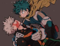 2boys adam&#039;s_apple aqua_bodysuit aqua_eyes aqua_hair aqua_pupils arm_behind_another&#039;s_back bakugou_katsuki belt belt_pouch black_pants blank_stare blonde_hair blood blood_in_mouth blood_on_clothes blood_on_face blood_on_mouth blood_on_teeth blue_gloves boku_no_hero_academia brown_background buckle cape chiyaya corpse death empty_eyes eyebrows_hidden_by_hair feet_out_of_frame film_grain floating_cape freckles from_side gloves grey_gloves hair_between_eyes hand_on_another&#039;s_back hands_up head_down highres leaning_forward lifting_person looking_at_another looking_down lying male_focus midoriya_izuku multiple_boys narrowed_eyes no_pupils nosebleed official_alternate_costume on_back orange_eyes pants parted_lips pouch short_hair sideways_mouth simple_background single_vertical_stripe snap-fit_buckle spiked_hair spoilers squatting staring surprised teeth torn_cape torn_clothes wide-eyed yellow_cape