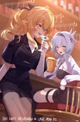2girls absurdres alternate_costume beer_mug black_hairband black_shirt black_skirt blonde_hair blue_eyes blue_hair cup drinking_glass eula_(genshin_impact) genshin_impact hair_between_eyes hairband highres holding holding_cup imasaki_kei jean_(genshin_impact) long_hair looking_at_viewer looking_to_the_side mug multiple_girls open_mouth pantyhose ponytail shirt short_sleeves skirt smile thigh_strap thighhighs twitter_username white_shirt yellow_eyes