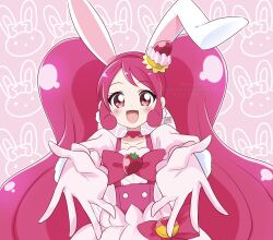 1girl animal_ears anime_coloring bow bowtie buttons cake choker collarbone commentary_request corset cowboy_shot cure_whip curly_hair dress dress_bow earrings eyelashes floppy_ears food food-themed_clothes food-themed_hair_ornament frilled_gloves frilled_sleeves frills fruit gloves hair_ornament happy heart heart_print highres jewelry kirakira_precure_a_la_mode long_hair magical_girl outstretched_arms pink_background pink_bag pink_bow pink_bowtie pink_choker pink_corset pink_dress pink_gloves pink_hair pink_theme pom_pom_(clothes) pom_pom_earrings precure puffy_short_sleeves puffy_sleeves rabbit_background rabbit_ears rabbit_girl red_eyes short_sleeves solo square_neckline strawberry strawberry_brooch strawberry_shortcake tareme twintails two-tone_bag usami_ichika very_long_hair waist_bag wavy_hair yellow_bag zero-theme