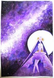 1girl absurdly_long_hair bare_shoulders border breasts chinese_commentary cleavage commentary_request dress faceless faceless_female feet_out_of_frame full_moon gown hair_ornament highres jewelry jianuannuannuan leg_ribbon long_dress long_hair moon necklace night night_sky nikki_(series) painting_(medium) purple_dress purple_hair purple_ribbon purple_theme ribbon shining_nikki sky solo standing star_(sky) star_(symbol) star_hair_ornament star_necklace star_sea_(nikki) starry_sky starry_sky_print straight_hair traditional_media two-sided_dress two-sided_fabric very_long_hair watercolor_(medium) white_border