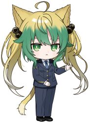Rule 34 | 1girl, ahoge, animal ears, artist request, atalanta (fate), black jacket, black pants, black shoes, black suit, blonde hair, cat ears, cat girl, cat tail, chibi, chibi only, collared shirt, fate/grand order, fate (series), formal clothes, full body, gloves, green eyes, green hair, hair between eyes, hair ornament, jacket, long hair, long sleeves, looking at viewer, multicolored hair, necktie, official art, pants, promotional art, second-party source, shirt, shoes, smile, solo, standing, suit, tail, train conductor, transparent background, two-tone hair, white gloves, white shirt
