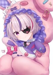 Rule 34 | 1girl, ahoge, animal hood, artist name, blush, cosplay, eyepatch, heart, heart ahoge, highres, hood, kigurumi, maria marionette, maria marionette (4th costume), marippet (maria marionette), medium hair, multicolored hair, nijisanji, nijisanji en, onesie, pink eyes, pink hair, rabbit hood, simple background, smile, solo, streaked hair, twitter username, usari sk, virtual youtuber, white background