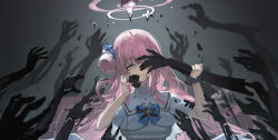1girl absurdres blood blood_from_mouth blood_on_face blue_archive blue_bow blue_flower bow capelet dirty dirty_clothes dress flower hair_bun hair_flower hair_ornament hair_scrunchie halo highres holding_another&#039;s_wrist long_hair looking_at_viewer mika_(blue_archive) parted_lips pink_hair pink_halo purple_scrunchie scrunchie shadow_hands single_side_bun super_h2o upper_body wfist_scrunchie white_capelet white_dress white_scrunchie yellow_eyes