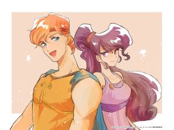 1boy 1girl airagency1005 ancient_greek_clothes animification bare_shoulders blue_eyes brown_hair dress eyeshadow greco-roman_clothes hercules_(1997_movie) highres long_hair looking_at_viewer makeup megara_(disney) ponytail purple_dress purple_eyes short_hair simple_background sleeveless smile
