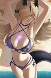 1girl alternate_costume arknights armpits arms_up bikini black_bikini black_horns black_tail blonde_hair blue_bikini breasts cleavage commentary dragon_girl dragon_horns dragon_tail fangs_(fangs_art) green_eyes hair_over_one_eye highres horns large_breasts layered_bikini light_in_heart long_hair looking_at_viewer lying multiple_horns necrass_(arknights) on_back side-tie_bikini_bottom smile solo swimsuit tail