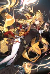 antlers arknights black_dress blonde_hair brown_horns dragon_horns dress electricity highres horns leizi_(arknights) leizi_the_thunderbringer_(arknights) long_dress okasaki_ushio_(03103335) pantyhose pointy_ears purple_eyes thigh_strap torn_clothes torn_pantyhose white_pantyhose