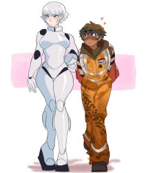 1boy 1girl arms_behind_back artist_request bad_link bodysuit eve_(wall-e) full_body hand_on_own_hip heart highres tread_marks wall-e wall-e_(character)
