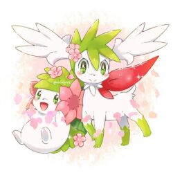aimi_(aimia492) animal_focus blush flower flower_on_head gen_4_pokemon grass green_eyes green_hair legendary_pokemon mythical_pokemon nintendo no_humans pokemon pokemon_(creature) shaymin shaymin_(land) shaymin_(sky) smile twitter_username white_background