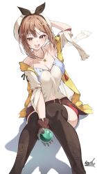 1girl absurdres atelier_(series) atelier_ryza belt beret breasts brown_eyes brown_gloves brown_hair cleavage flask gloves hair_ornament hairclip hat highres jacket jewelry knees_together_feet_apart large_breasts leather leather_gloves navel necklace open_mouth red_shorts reisalin_stout round-bottom_flask saico_isshin short_hair short_shorts shorts sitting solo star_(symbol) star_necklace thighhighs yellow_jacket