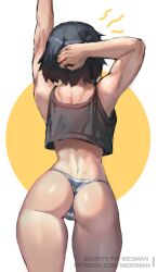 1girl arm_up ass black_hair black_tank_top boosty_username from_behind highres kill_la_kill matoi_ryuuko panties patreon_username short_hair solo striped_clothes striped_panties tank_top two-tone_background underwear wersman white_background yellow_background