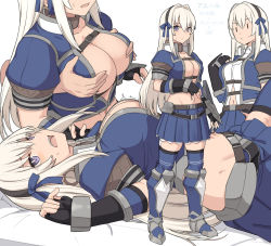 Rule 34 | 1boy, 1girl, armored boots, azure (armor), belt, blue eyes, blue shirt, blue skirt, blue thighhighs, blush, boots, breasts, capcom, cleavage, cropped shirt, fingerless gloves, full body, gloves, grabbing another&#039;s breast, grabbing from behind, groping, hairband, large breasts, long hair, looking at viewer, lying, midriff, monster hunter (series), monster hunter frontier, multiple views, navel, on back, open mouth, pleated skirt, puffy short sleeves, puffy sleeves, shirt, shiseki hirame, short sleeves, sidelocks, simple background, skirt, thighhighs, white background, white hair