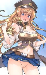 1girl absurdres belt black_hat blue_eyes blue_skirt blush braid breasts brown_belt brown_hair censored cleavage commentary_request commission full-face_blush furaggu_(frag_0416) granblue_fantasy hat highres large_breasts lecia_(granblue_fantasy) long_hair mosaic_censoring navel no_panties open_mouth peaked_cap pixiv_commission pussy skirt solo standing stomach thighs tongue variant_set wind wind_lift